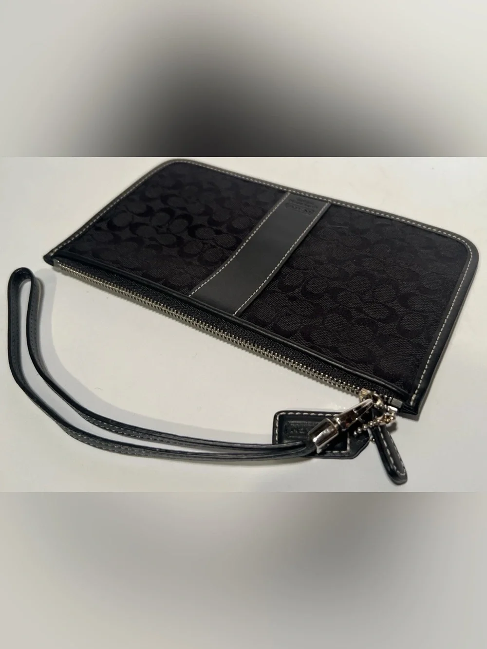 Coach Signature Jacquard Black Leather-Trim Wristlet Pouch Clutch Silver